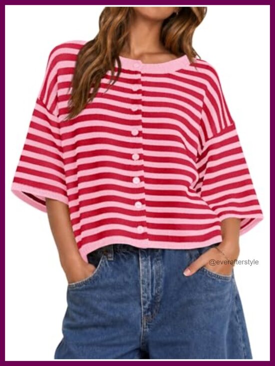 Sweaters - Short Sleeve Cardigan Cropped Striped Button Down Oversized Lightweight Knit